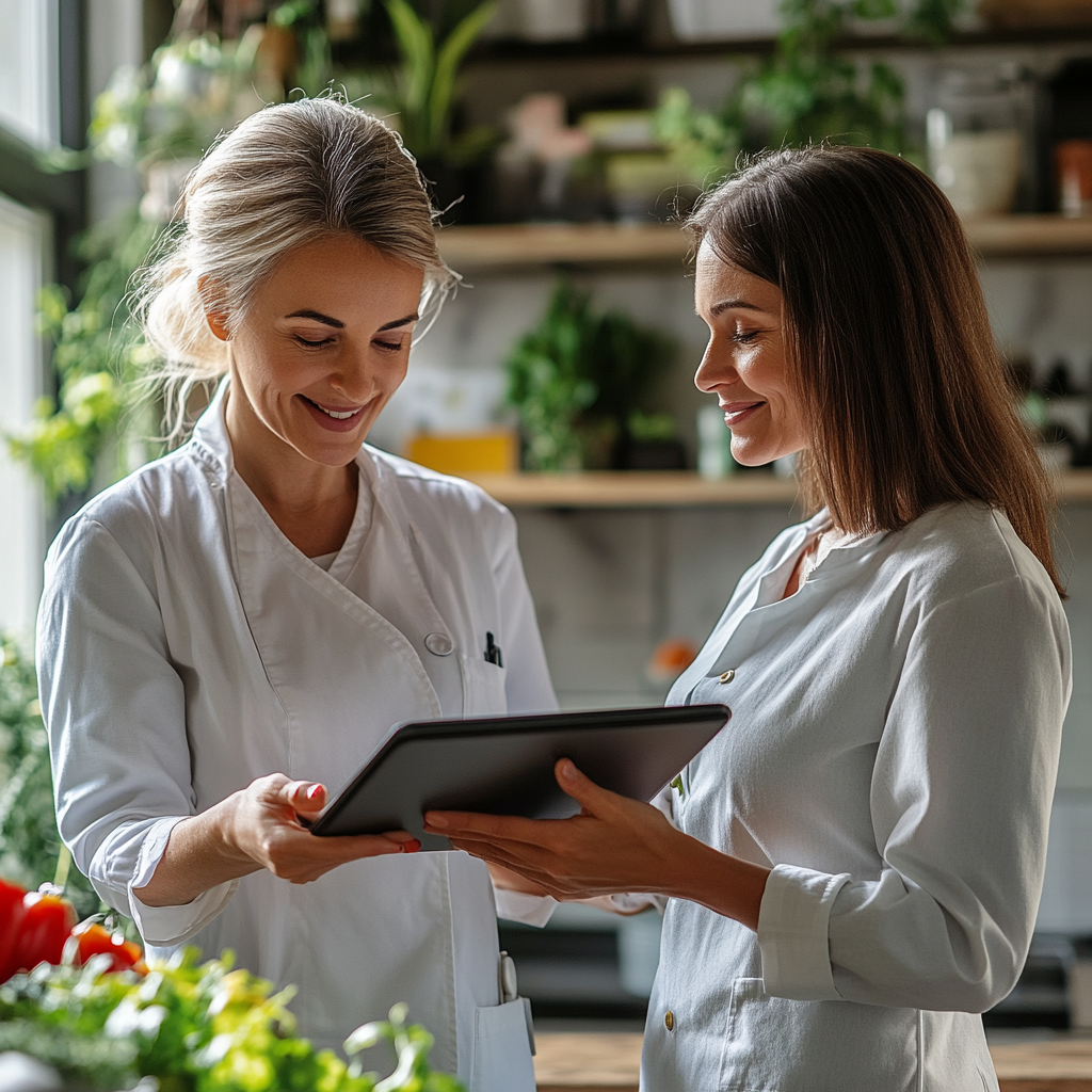 Жінка нутриціолог створює персональне меню на планшеті в офісі