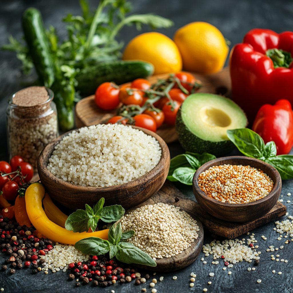 Безглютенові продукти: рис, кіноа, овочі, фрукти на кухонному столі