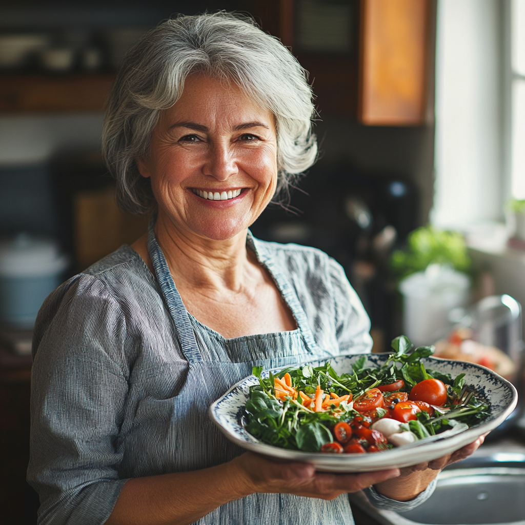 Щаслива жінка з тарілкою здорової їжі, посмішка, кухня, натуральне освітлення
