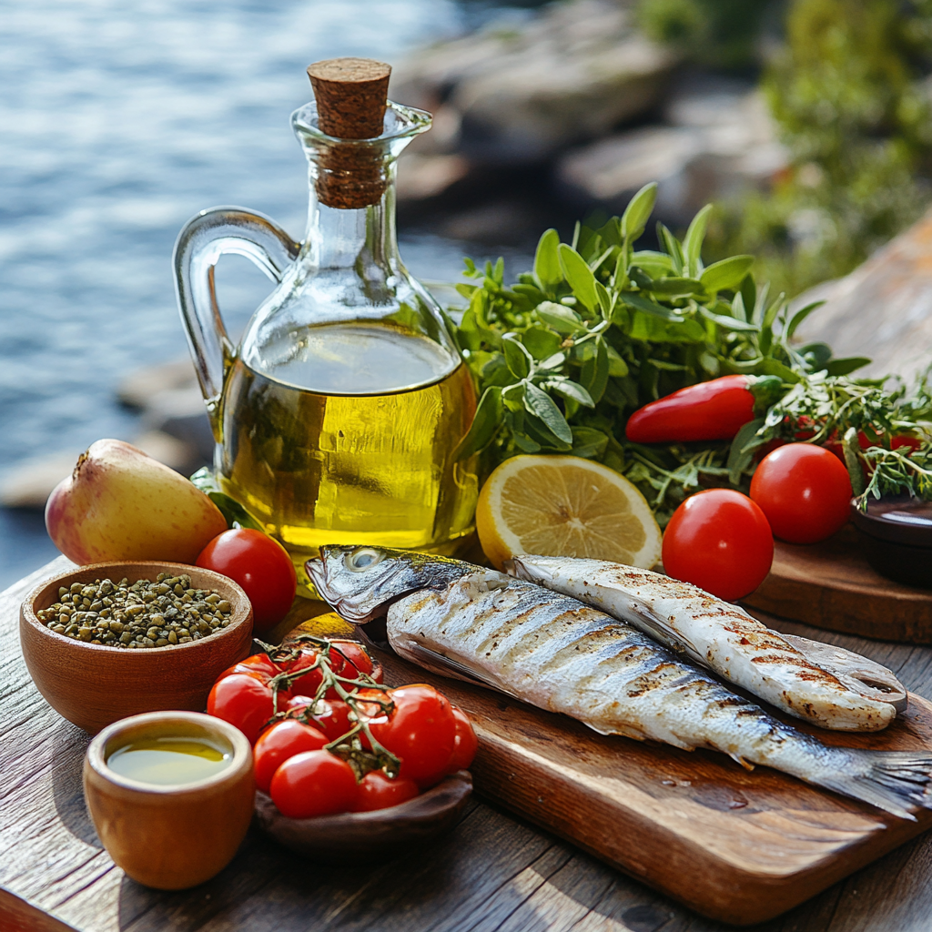 Середземноморські продукти: оливкова олія, риба, овочі, зелень на столі біля моря